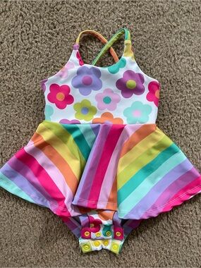 Kids One-Piece Swimsuit with Rainbow Stripes & Flower Print